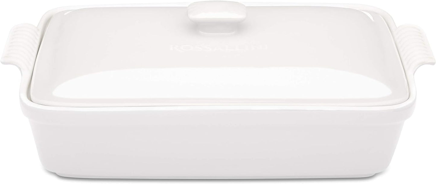 Stoneware Casserole Dish Bakeware Set with Lid, Covered Rectangular Dinnerware, Large 3.2 Quart, 11 by 9 Inch, Bianco [White]