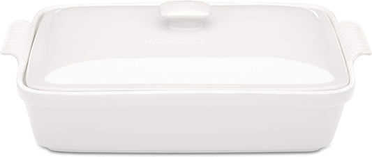 Stoneware Casserole Dish Bakeware Set with Lid, Covered Rectangular Dinnerware, Large 3.2 Quart, 11 by 9 Inch, Bianco [White]