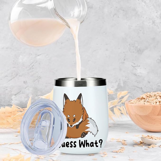 Cute Funny 12 oz Tumbler, Wine Tumbler Insulated Wine Glass with Lid, Fox Gifts for Girls Boys Women Men Mom Animal Lovers Fox Supplies Accessories Friendship Appreciation Christmas Birthday