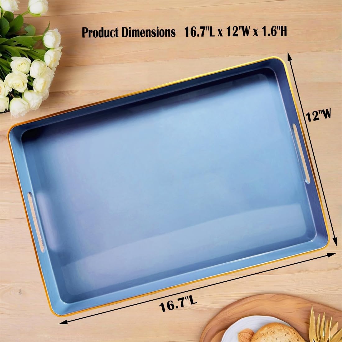 Large Blue Coffee Table Tray, Decorative Serving Tray with Handles, Plastic Rectangular Tray for Ottoman, Bathroom, Living Room.16.7"*12"*1.6"