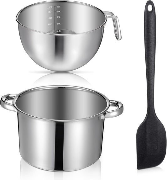 3-Piece Double Boiler, Chocolate Melting Pot Set Include 2500ml/2.3QT Mixing Bowl and 4000ml/3.63qt Stainless Steel Pot, Silicone Spatula, For Candy, Soap Wax Candle Making Supplies, Induction Safe
