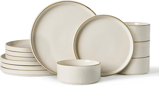 Famiware Star Dinnerware Set, Plates and Bowls Sets for 4 (12pcs), Ribbed Stoneware Dishes - Chip & Scratch Resistant, Microwave & Dishwasher Safe Tableware, White