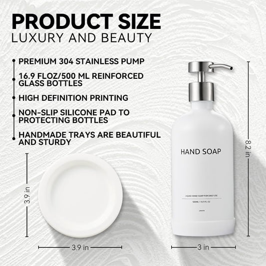 Glass Soap Dispenser Set by Janxin,Bathroom Soap Dispenser Set with Ceramic Tray,Luxury Bathroom Accessories,Modern Kitchen Decor (White+Silver(Hand Soap))