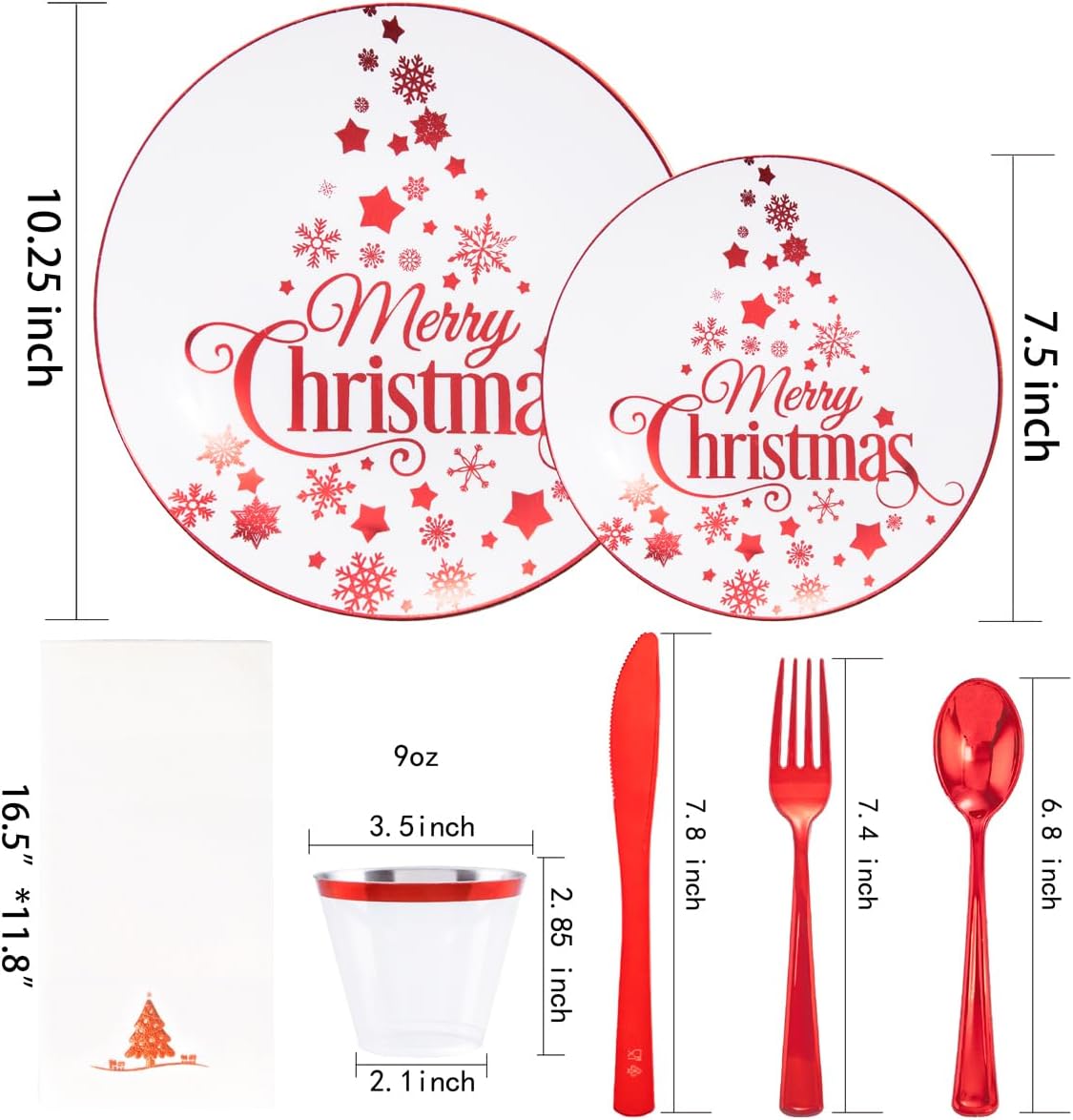 Morejoy 175PCS Christmas Plastic Dinnerware Set - White/Red Plates & Red Plastic Silverware Include 25 Plates, 25 Cups, 25 Forks, 25 Knives, 25 Spoons, 25 Napkins Perfect for Holidays