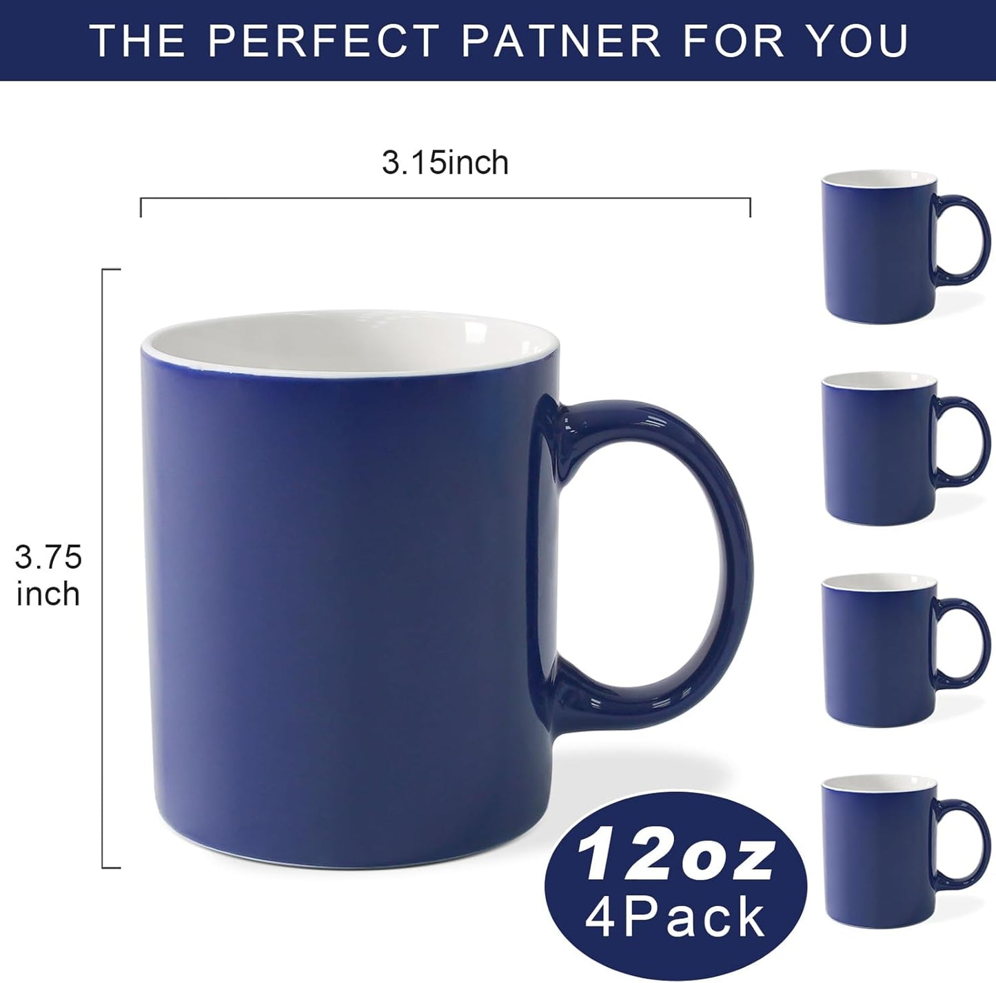 12 oz Cup (4pcs), Plain Gloss Blue Ceramic Coffee Mug for Milk Tea, Set of 4