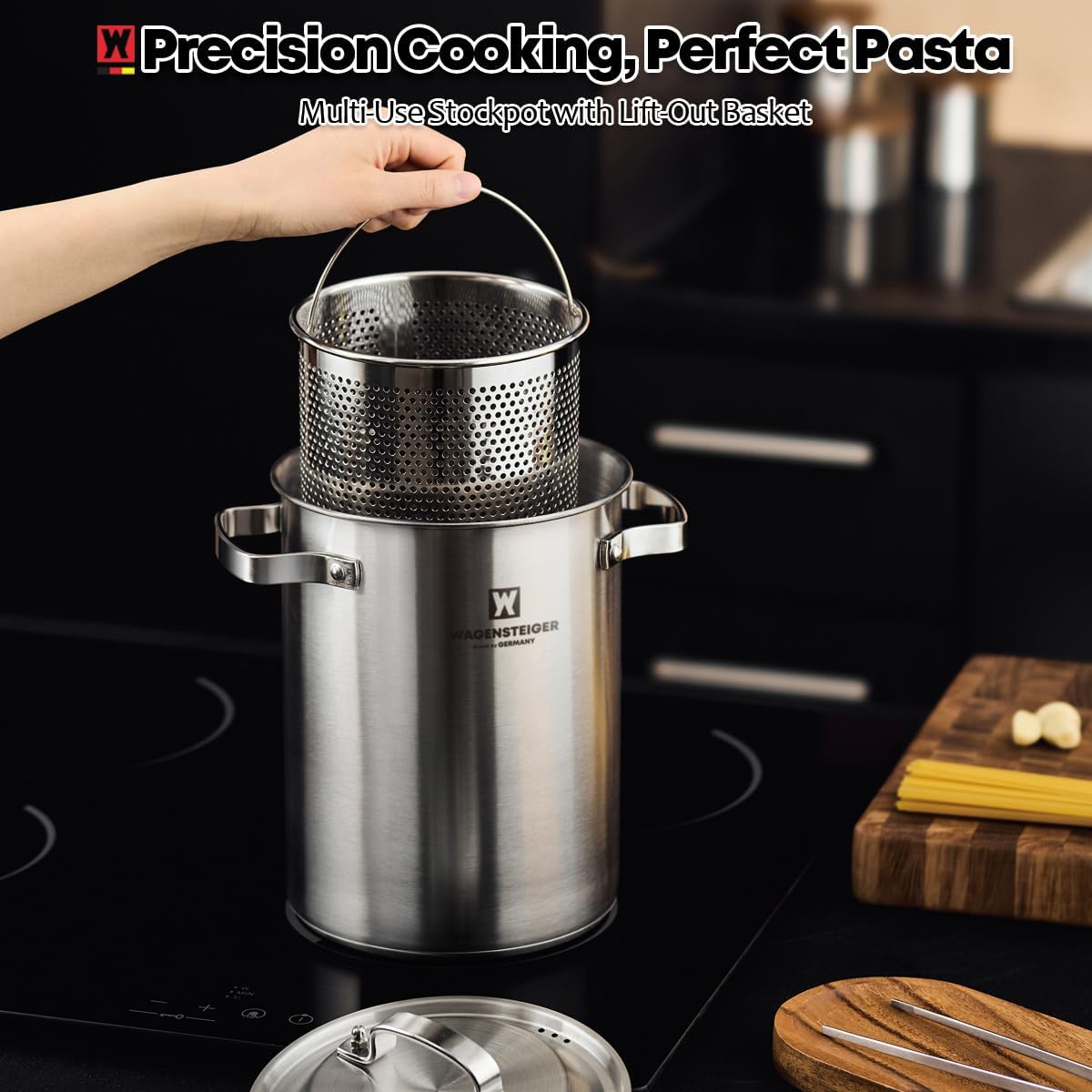 Premium Stainless Steel Asparagus Steamer Pot or Spaghetti Pasta Stovetop Cooker with Perforated Steamer Basket, Tall & Large Size, Versatile Cookware, 3-Ply Base(4.3Liters/1.14Gals)