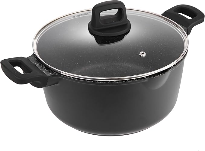 9.5 Inch Non Stick Pan Casserole Pot with Lid & Pour Spout - Lightweight 4.27 Quart Granite Coated Soup Pot Comfort Grip Handle - Induction Compatible PFOA Free Non Stick Cookware (Black)