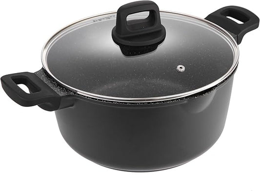 9.5 Inch Non Stick Pan Casserole Pot with Lid & Pour Spout - Lightweight 4.27 Quart Granite Coated Soup Pot Comfort Grip Handle - Induction Compatible PFOA Free Non Stick Cookware (Black)