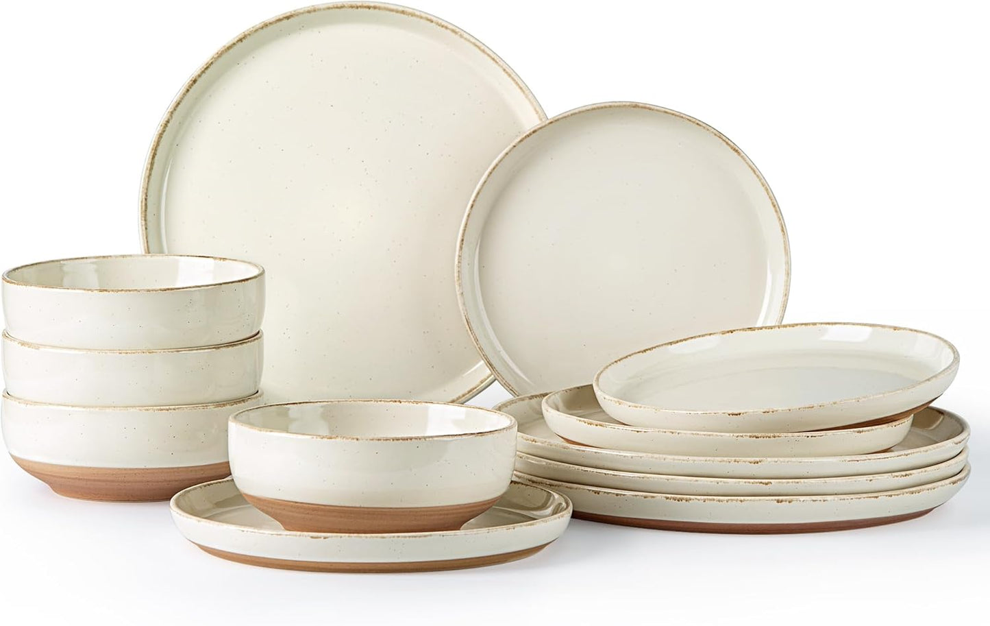 AmorArc Ceramic Dinnerware Sets for 4, 12 Pieces Handpainted Plates and Bowls Set with Rustic Terracotta Underside, Scratch Resistant Stoneware Dishes Set, Dishwasher & Microwave Safe, Beige