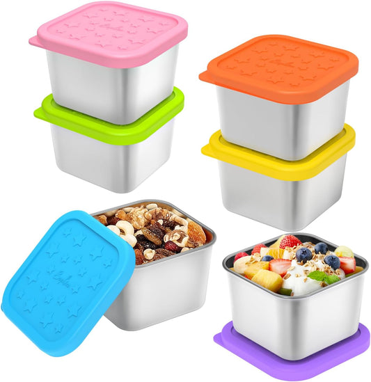 SOPHICO Stainless Steel Snack Containers for Kids, 6 oz Leak Proof Small Food Storage Container with Silicone Lid, 304 Metal Toddler Lunch Box for Daycare, School and Travel (6 Pack)