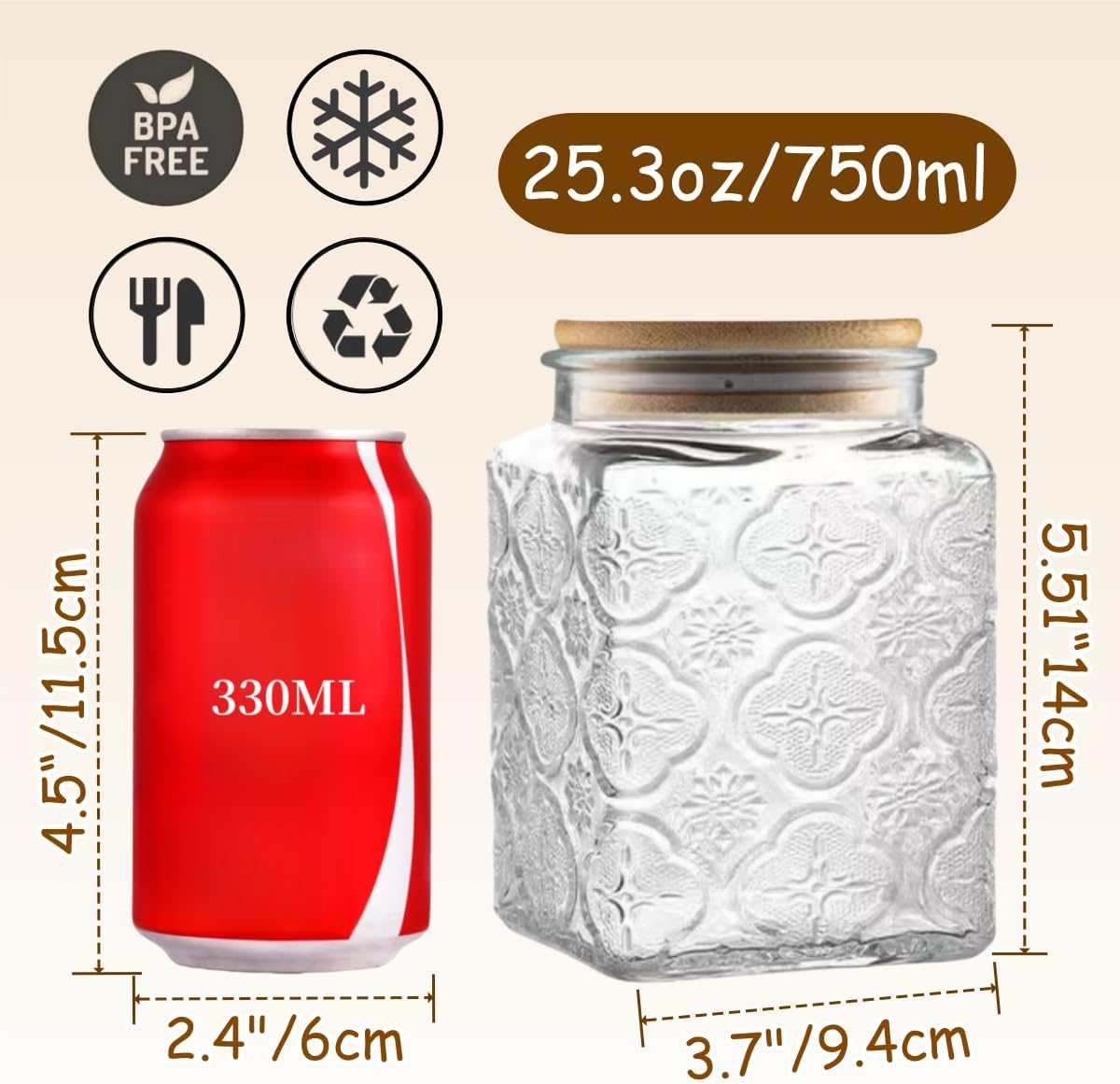 25.3 FL OZ Square Glass Jar, Glass Storage Canister with Airtight Lid, Glass Food Storage Containers for Candy, Coffee, Tea, Canning, Cute Jar (Square Begonia)