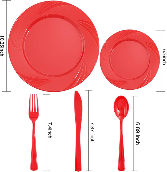 YOUBET 125Pieces Red Plastic Plates - Heavy Duty Disposable Silverware - Include 50 Plates 25 Forks 25 Knives 25 Spoons - Perfect for Christmas & Party