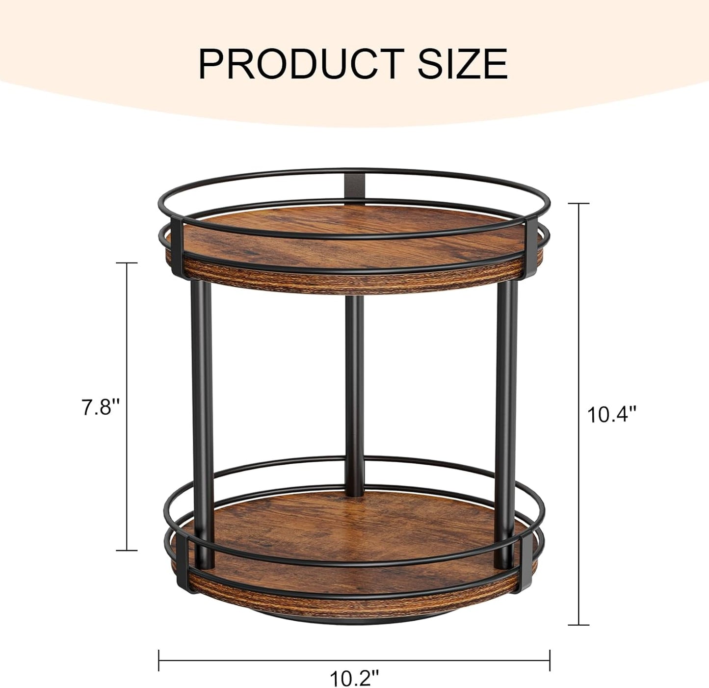 Snughome Rotating Spice Rack, 2 Tier Lazy Susan Organizer, Wood Kitchen Countertop Organizer, Brown Lazy Susan Turntable for Cabinet, 10.2" x 10.2" x 10.4"