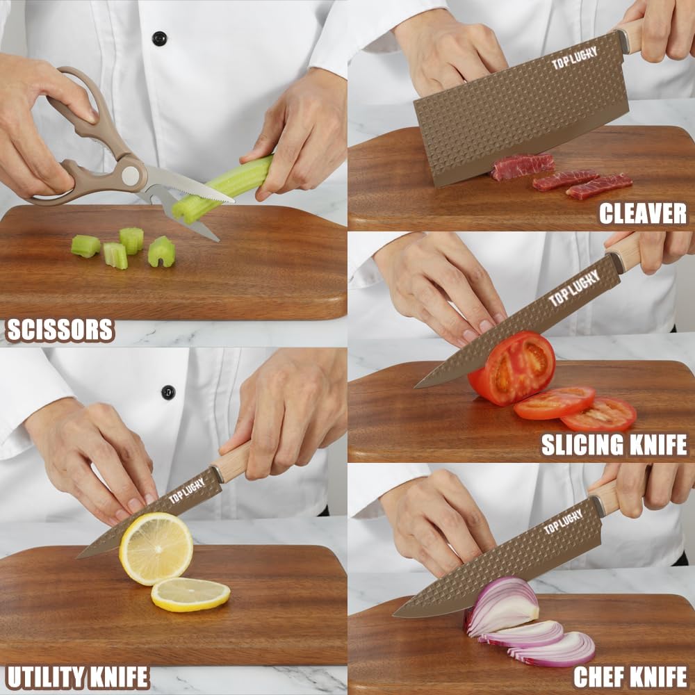 Knife Set, Wiztoynia 6-Piece Coffee Kitchen Knife Set for Home, Anti-Rust Non-stick Stainless Steel Sharp Chef Knife Set with Universal Knife Block for Kitchen, Ergonomical Design (Coffee)