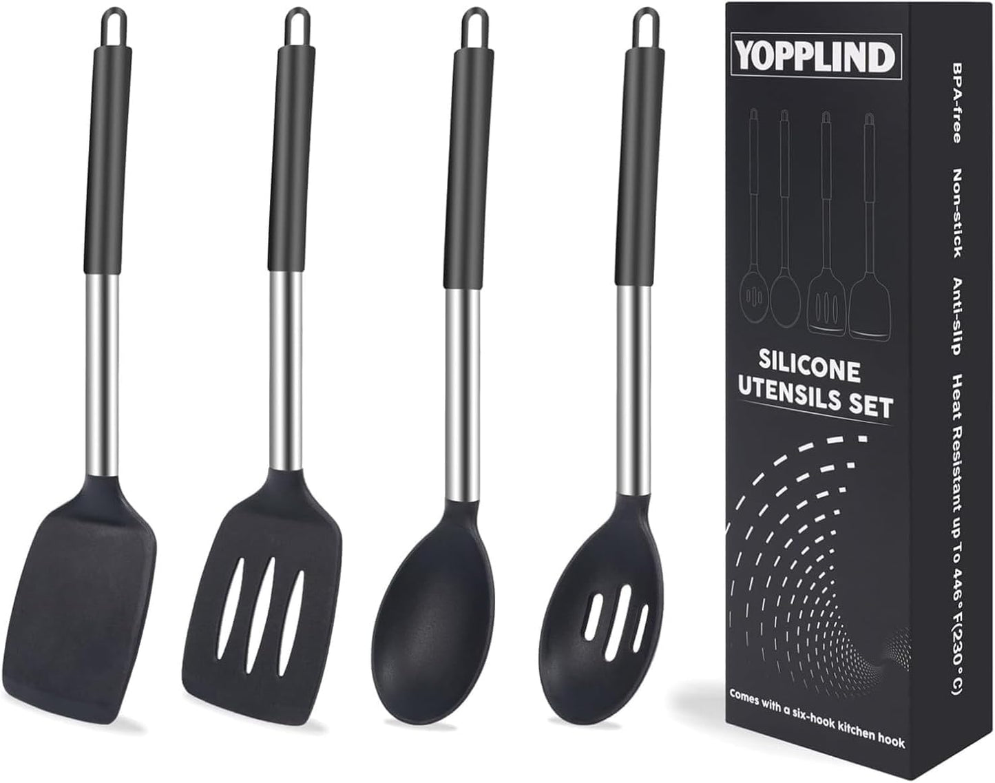 Silicone Kitchen Cooking Utensils Set 5-Piece BPA-Free Heat-Resistant Non-Stick & Dishwasher-Safe, with Slotted/Solid Spoons & Spatulas for Frying,Draining – Includes Multi-Purpose Serving Hook(Black)