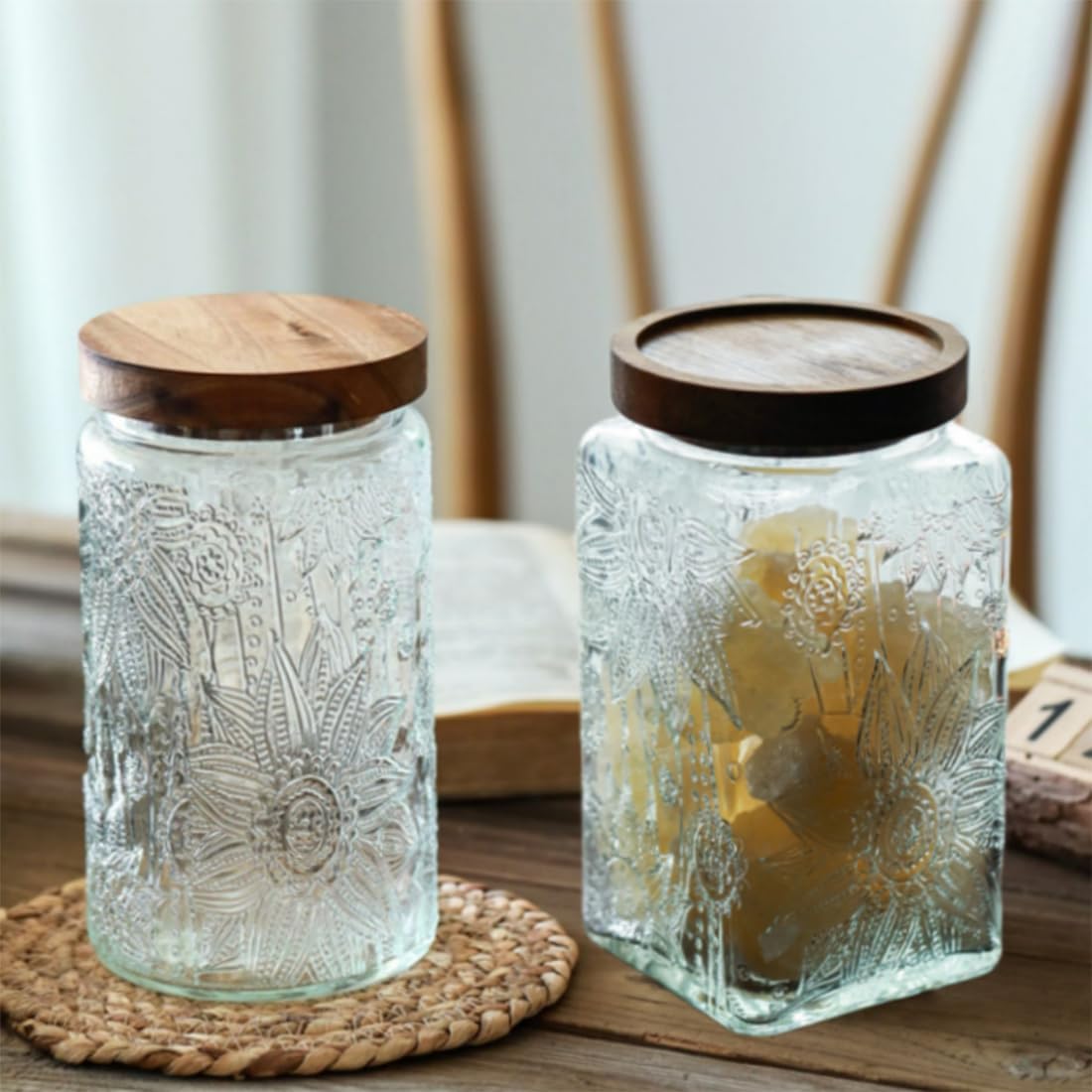 ANSQU Vintage Glass Storage Jar, 34oz Glass Canister Storage Jar Container with Airtight Wooden Lid for Kitchen Counter, Pantry, Coffee, Tea, Sugar, Cookie Jars (Square-Sunflower)