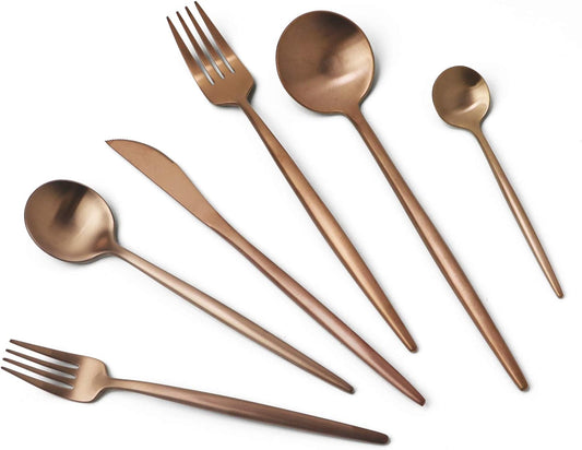 JASHII 18/10 Rose Gold Flatware Set - 304 Stainless Steel, Copper Cutlery - 6-Piece Adaline Royal Modern Satin Finish for Birthday, Wedding (Rose Gold Matte)