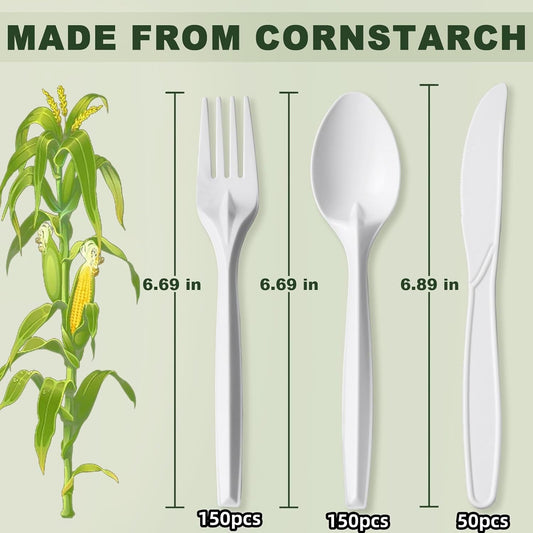 350pcs Compostable Cutlery Set Eco-friendly Heavy Duty Compostable Utensils Disposable silverwar No Plastic Biodegradable Utensils for party BBQ, Picnic Events,Daily Use