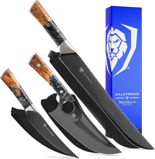 Dalstrong 3 Piece Set - Slicing, Fillet Knife & Venator Knife - Valhalla Series - Ravenstone Black Blade Titanium - Carving Set - 9CR18MOV HC Steel - Resin & Wood Handle - Leather Sheath