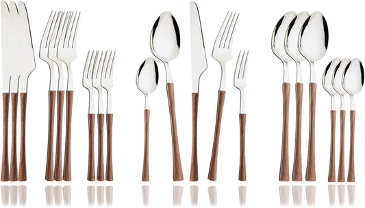 JASHII Wood Handle Flatware Set, 20 Pieces Stainless Steel Silverware Cutlery Set, Mirror Polished, Knife Fork Spoon Set, Dishwasher Safe - Small Waist Silver