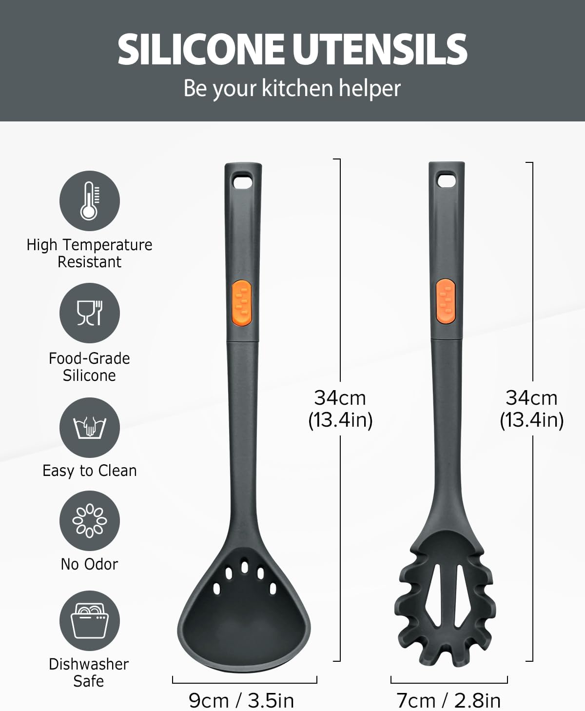 Silicone Pasta Fork and Ladle Spoon Set, Large Non Stick Kitchen Utensils for Cooking,Stirring,One Piece Serving Spaghetti, Soup, Sauce (GREY)