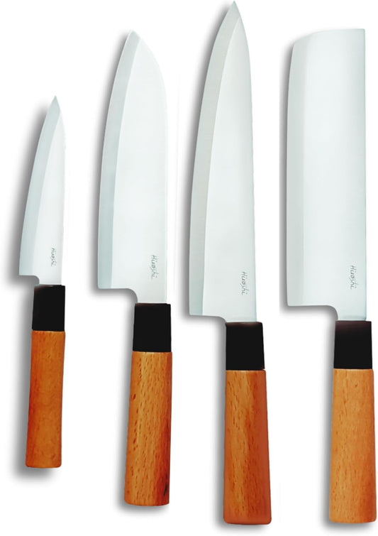 HIROSHI Sushi & Sashimi Knife Set – 4-Piece High Carbon Stainless Steel Japanese Chef Knives with Beech Wood Handle – Professional Kitchen Knife Set for Precision Cutting
