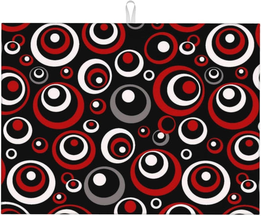 Red Black White Retro Geometric Circle Dish Drying Mats for Kitchen Counter & Sink, Modern Art Kitchen Drying Pad, 18" x 24" Absorbent Reversible Foldable Dish Drainer Rack Mats, Home Decor Black Red