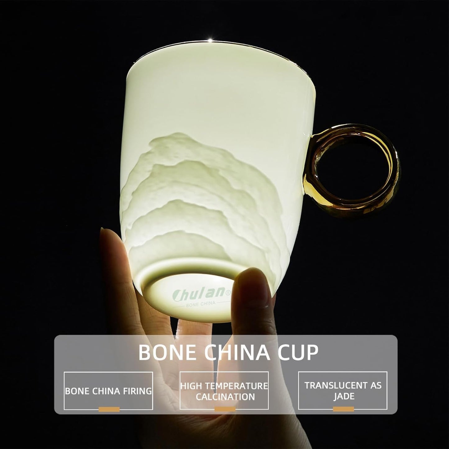 Chulan Upscale 12 oz Bone China Coffee Mug Set of 2, White Lightweight Fine Bone China Tea Cups with Gold Rim, Over 45% Bone Content Porcelain Ceramic Thin Mugs for Espresso Latte Mocha Freezer Safe