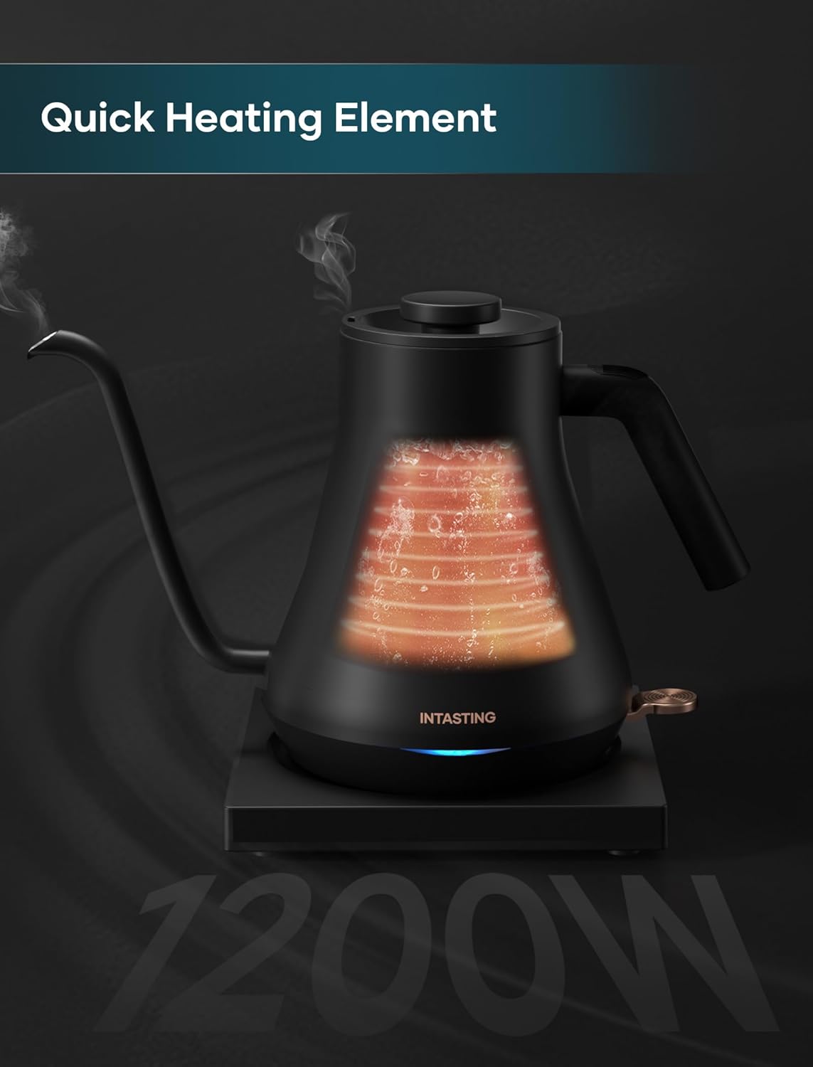 Electric Kettle, INTASTING Professional Gooseneck Kettles, 0.9L/30oz, 0.65mm Ultra-Fine Spout, Precise Water Flow Control, 304 Stainless Steel Inner, Auto Shut-Off, Boil Dry Protection, Matte Black