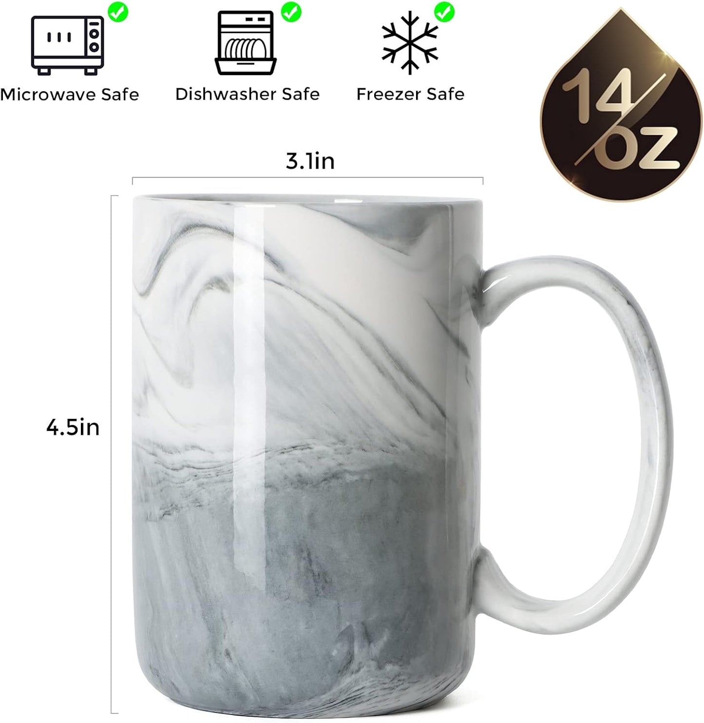 Smilatte 14 OZ Marble Coffee Mugs, M068 Novelty Marble Ceramic Cup for Home and Office, Microwave Dishwasher Safe, Set of 4, Gray