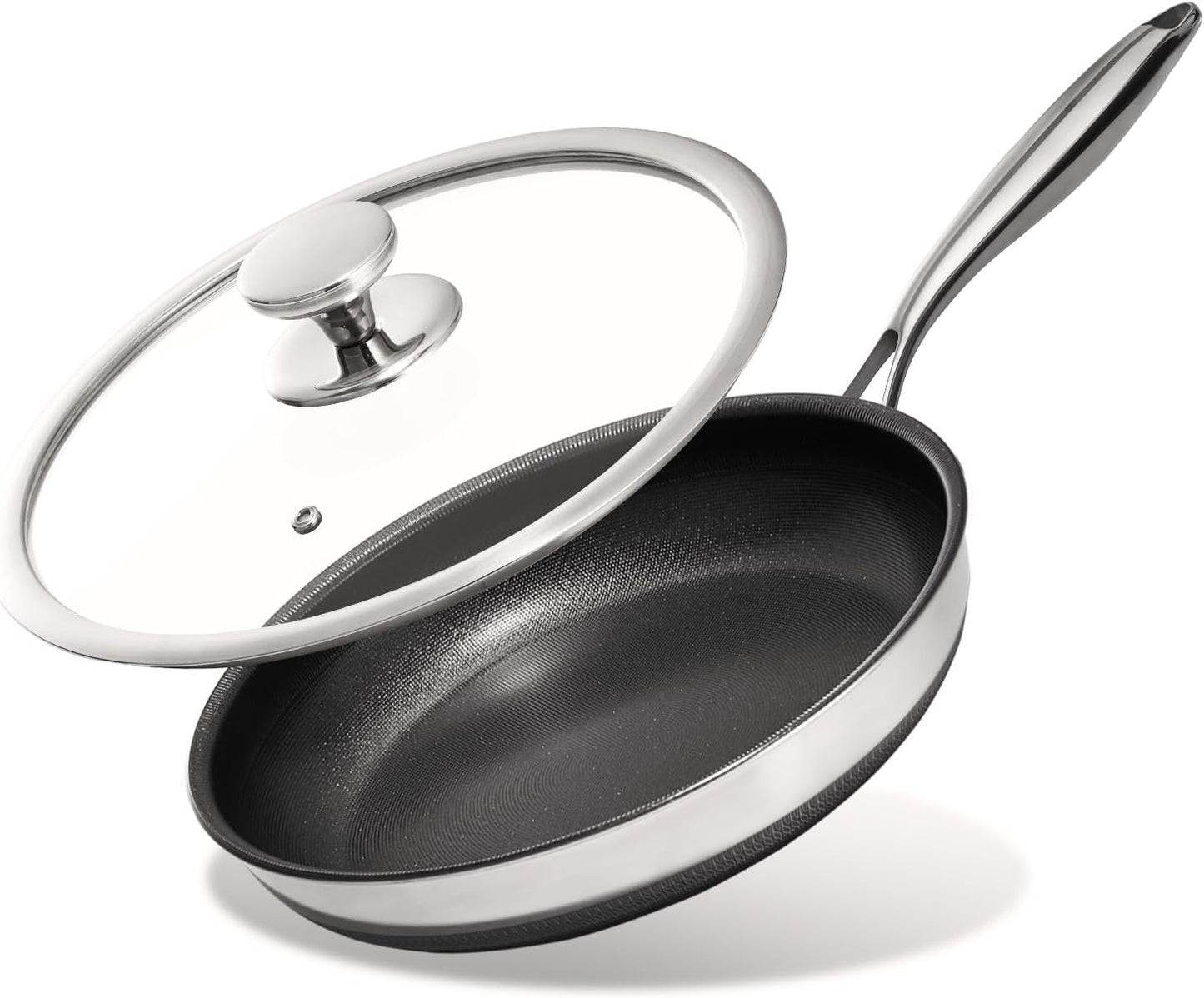 KITEXPERT Non Stick Frying Pans with Lid, 8" Titanium Ceramic Pan Nonstick Stainless Steel Skillet, PFAS PFOA & PTFE Free, Quick-Cool Handle, Dishwasher & Oven Safe, Compatible with All Cooktops