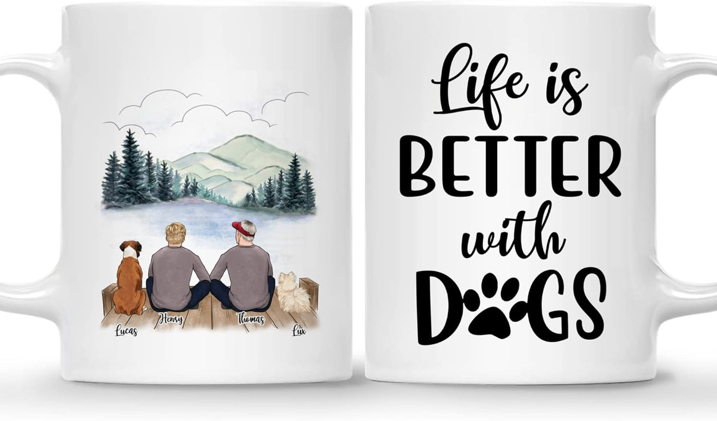 Gossby Personalized Dog Mug - Life is Better with Dogs (2 Men - 2 Dogs) - Customizable Dog Mug for Dog Dads with Male Characters, Names, Dog Breeds - Purfect Dog Lover Gifts for Men