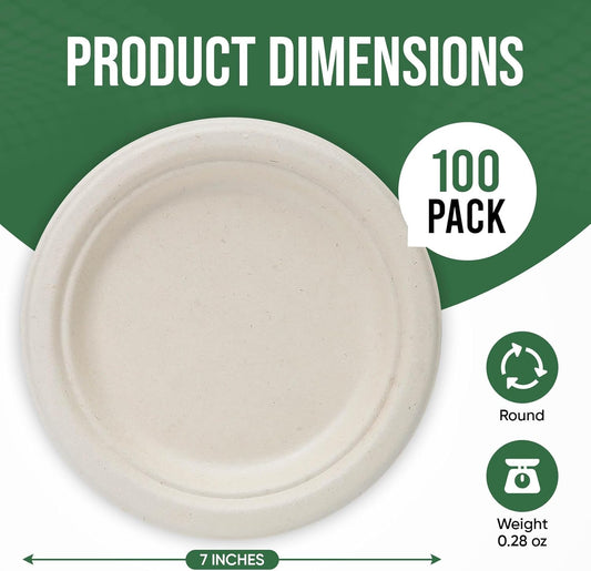 7 Inch Paper Plates 100 Pack - 100% Compostable Disposable Plates, Heavy Duty Dessert Plates, Biodegradable Sugarcane Plates for Party (Microwavable, Oil/Water Proof, Eco-Friendly, Brown)