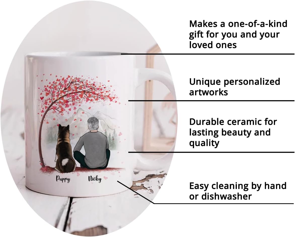 Gossby Personalized Dog Mug - Life is Better with a Dog (Man - Dog - Pink Tree) - 11oz, 15oz Customizable Dog Lover Mug for Dog Dad - Personalized Dog Dad Gifts for Dog Owners - White, Two-tone Mug