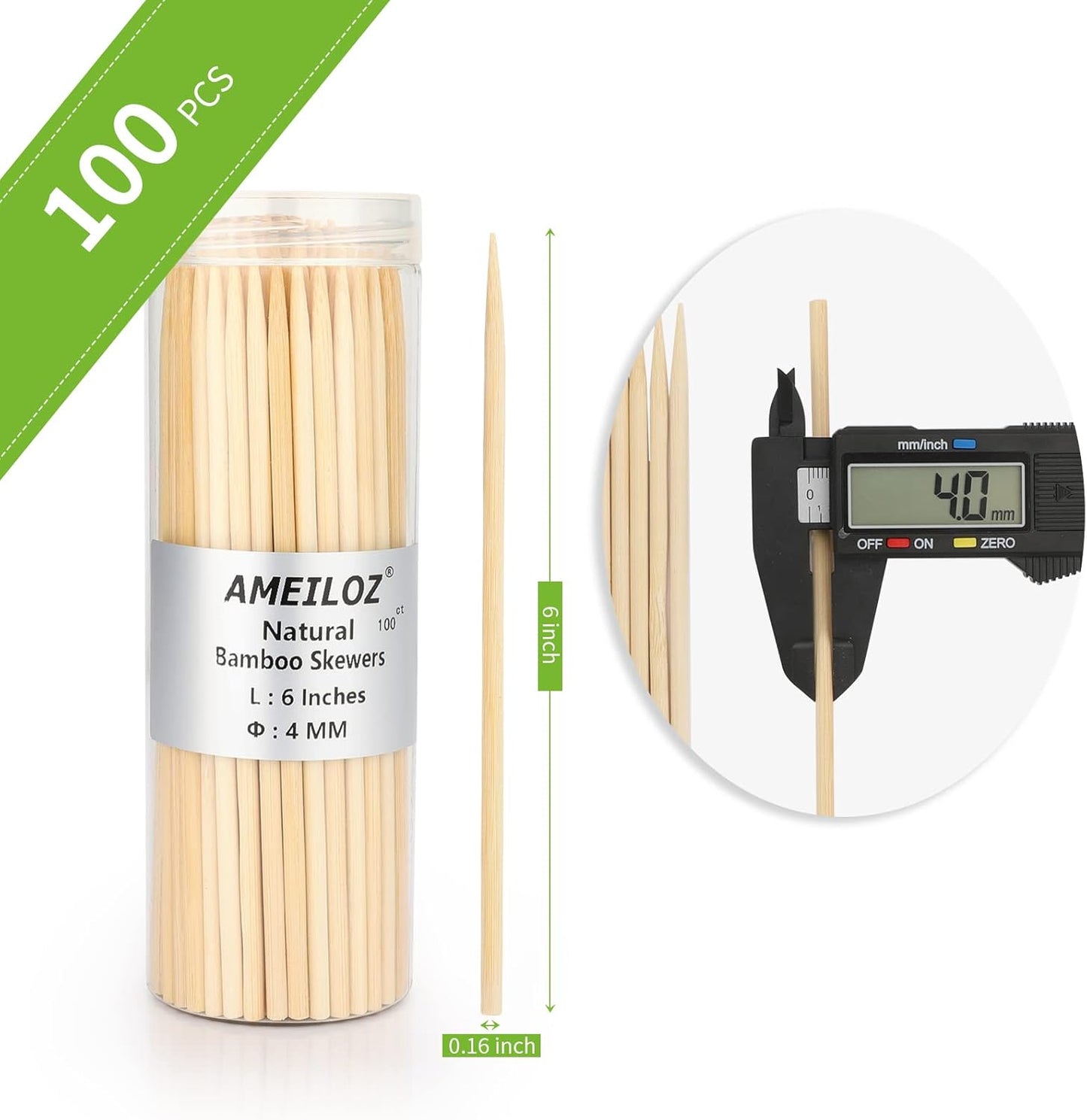 6" Bamboo Wood Skewers for BBQ, Kabob, Appetizer, Fruit, Sausage, Chocolate Fountain, Natural Wooden Barbecue Kebob Skewer Stick, Organic Food Sticks for Grilling, Kitchen (Φ=4mm Thick, 100PCS)
