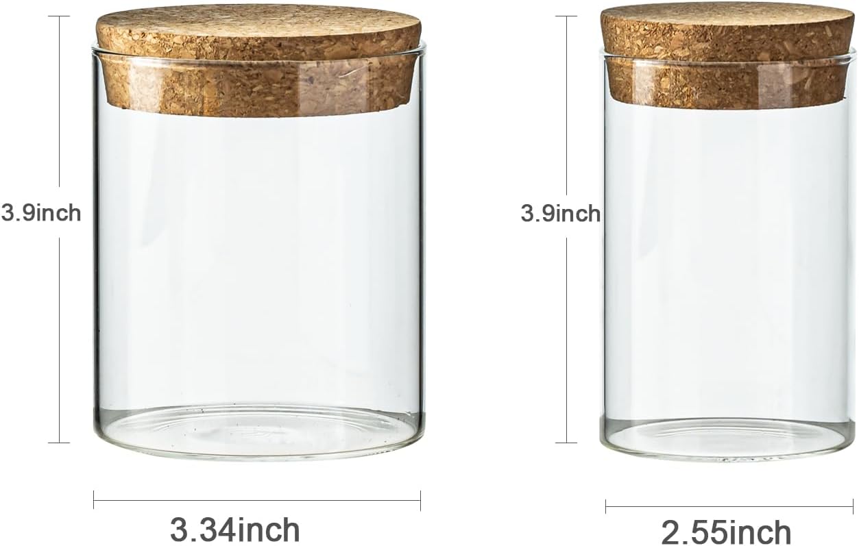 Airtight Glass Storage Containers with cork Lid, for Kitchen Pantry Organization and Storage jar，Ideal for Coffee Beans Snacks Flour Cereal Sugar Tea (2.55in*2pcs and 3.34in*2pcs)