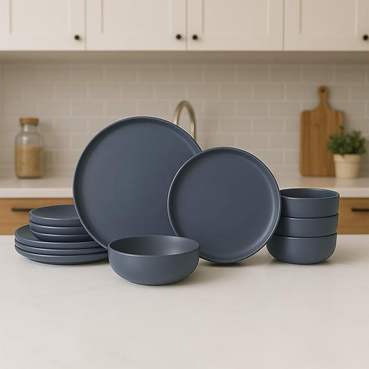 12-Piece Matte Blue Dinnerware Set,Stoneware Dinnerware for 4, Microwave & Dishwasher Safe, Stackable Design for Kitchen and Dining - Plates and Bowls