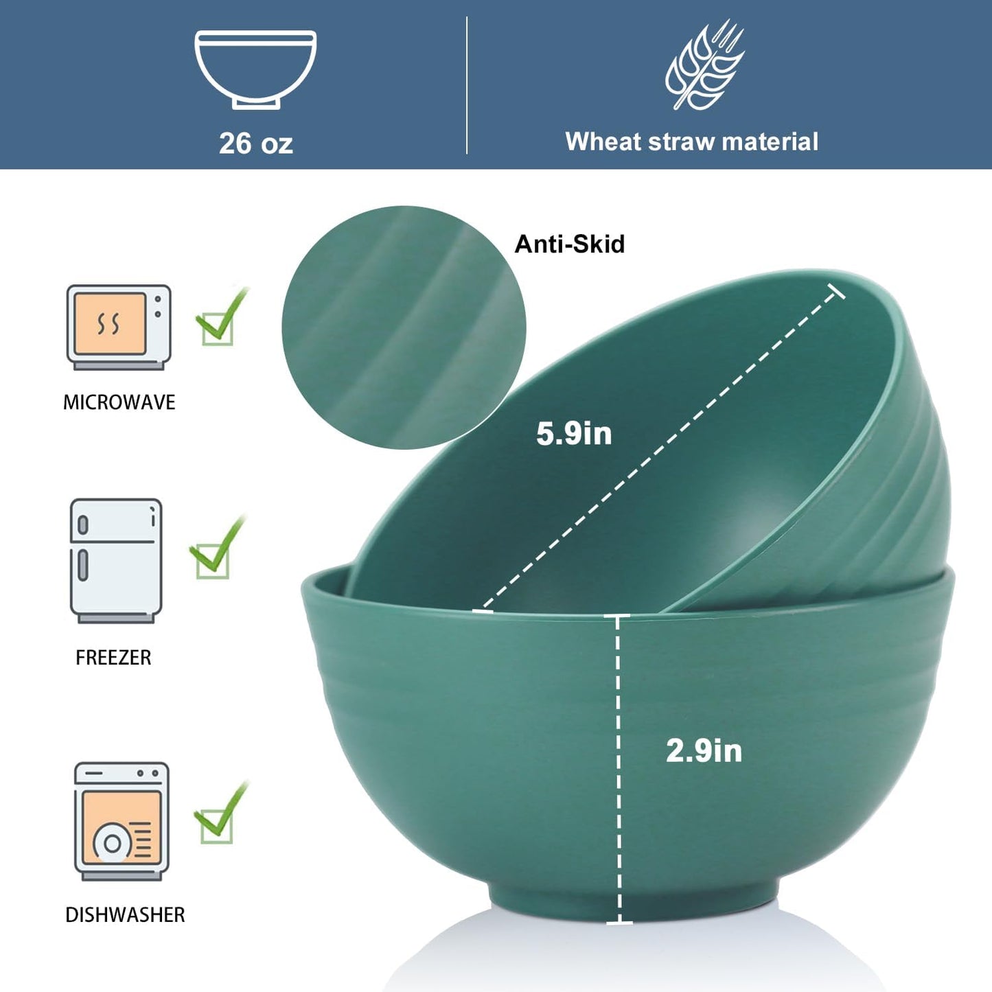 Wrova Wheat Straw Bowl Sets,8 PCS Unbreakable Cereal Bowls 26 OZ,Microwave and Dishwasher Safe Bowls,Kids Bowl suitable for cereal,salad,snack and soup (Green)