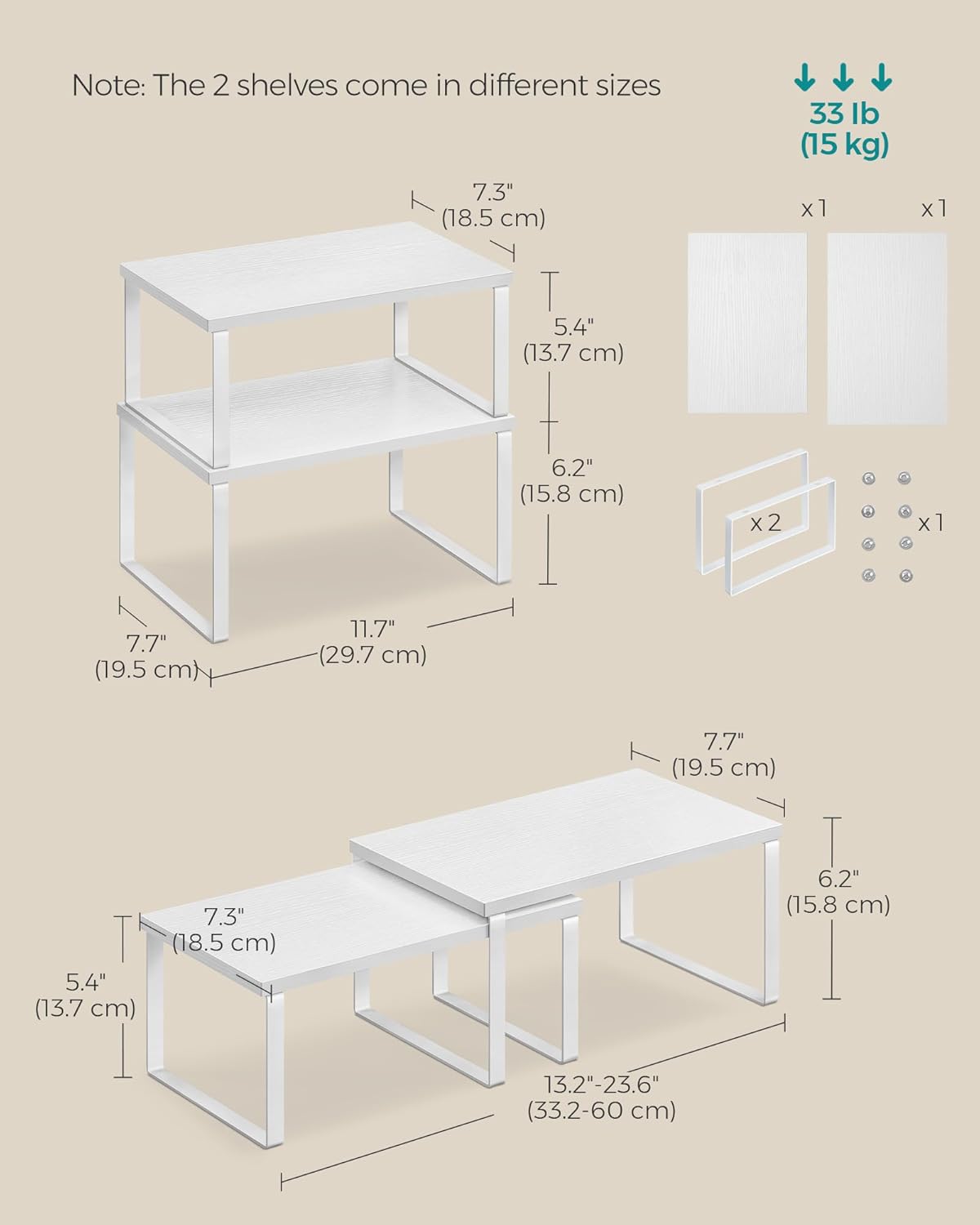 SONGMICS Cabinet Organizer Shelf, Set of 4 Kitchen Counter Shelves, Kitchen Storage, Spice Rack, Stackable, Expandable, Metal and Engineered Wood, Cloud White and Snow White UKCS027W01