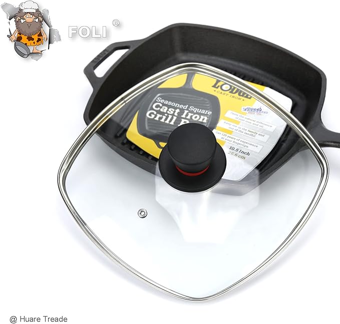 FOLI Square Glass Lid for Grill Pans with Steam Vent Hole - Fits Lodge Cast Iron Skillets 10.5inch(26.67cm) - Square Tempered Glass Lid - Universal Replacement Cover Bakelite Round Knob