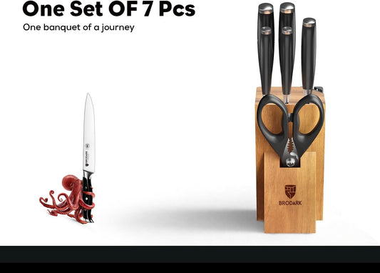 BRODARK Knife Set: 7 Piece Sharp Knife Set Without Steak Knives, Knives Set for Kitchen with German Stainless Steel & Ergonomic Handle, Acacia Wood Block with Built-in Sharpener, Ideal Gifts