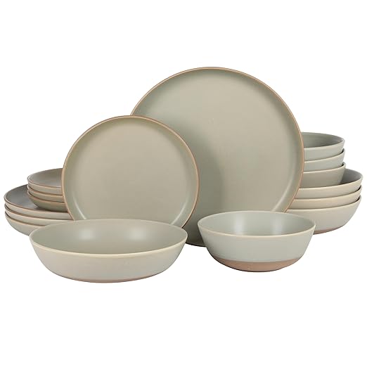 Gibson Elite Laguna Bliss 16 Piece Stoneware Reactive Glaze (Service for 4) Ceramic Plates and Bowls Dinnerware Set - Matte Green W/Terracotta Bottom