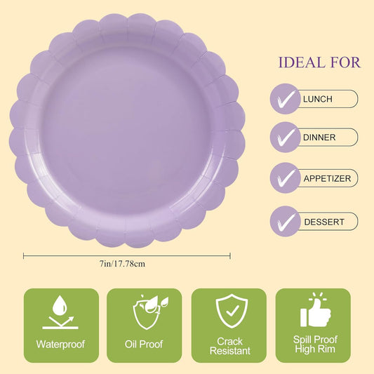 50Pcs Purple Paper Plates-7 Inch Solid Color Scalloped Disposable Birthday Dinnerware Set Dinner Party Plate for Graduation Wedding Baby Shower Table Decor 50 Guests