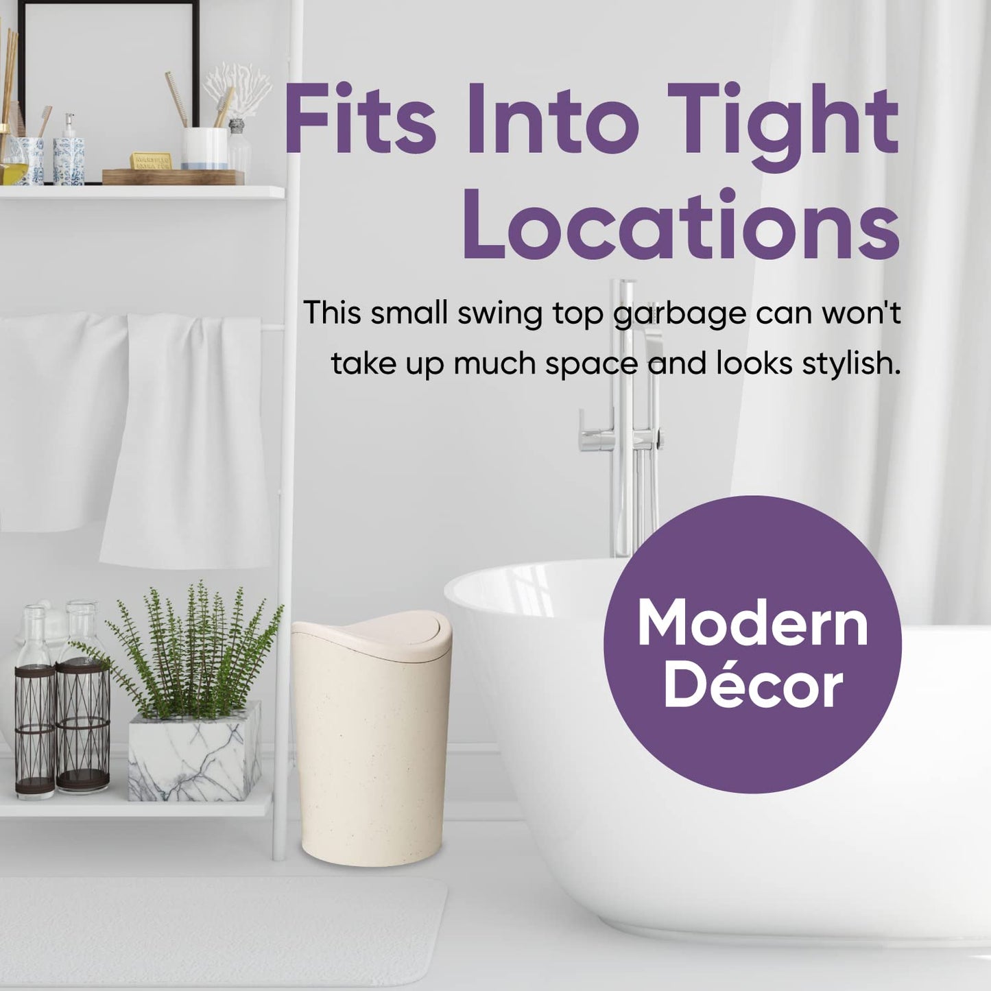 Superio Small Bathroom Trash Can with Lid, Modern White Mini Waste Bin with Swing Lid (1 1/2 Gallon, 6 Liter) Plastic Garbage Can for Kitchen, Bathroom, Bedroom, Office, Under Desk (4, Ecohome)