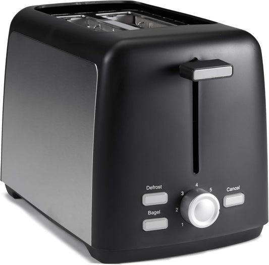 Amazon Basics 2 Slice Toaster, With 7 Browning Settings, Extra Wide Slots For Bagels and Special Breads, Removable Easy-to-Clean Crumb Trays, Cancel/Defrost/Bagel Buttons, 800W, Black & Silver