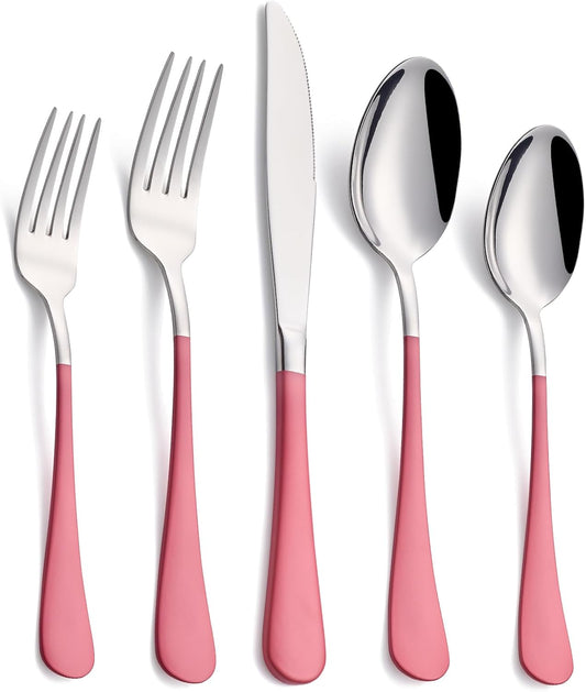 20-Piece pink Silverware Set, 18/0 Stainless Steel pink Handle Flatware Set, Service for 4, Modern Cutlery Set Includes Dinner Knives Forks Spoons, Mirror Polished, Dishwasher Safe
