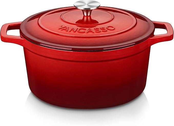 vancasso 6 QT Enameled Cast Iron Dutch Oven with Lid, Dual Handles for Bread Baking, Heavy-duty Round Dutch Oven, Non Stick Coating, All Heat Source, Red