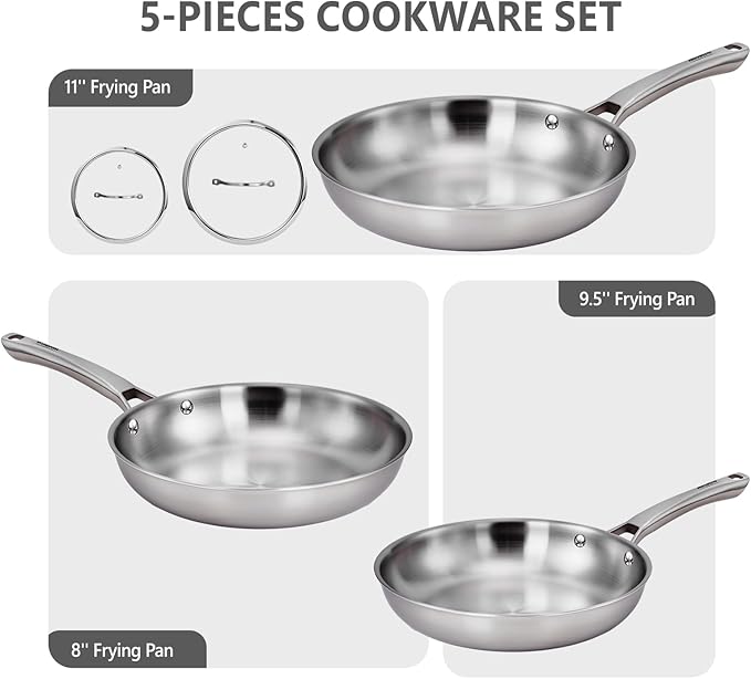Bonnlo 5 Pieces Cookware Set, 3-Ply Stainless Steel Skillets Set with Lids, Chef's Pan Kitchen Set, Oven & Dishwasher Safe, Induction Cooking Set, PFOA & PTFE Free, Compatible for All Cooktops