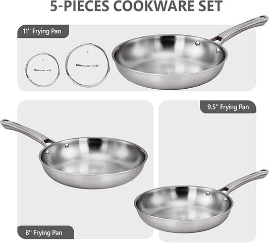 Bonnlo 5 Pieces Cookware Set, 3-Ply Stainless Steel Skillets Set with Lids, Chef's Pan Kitchen Set, Oven & Dishwasher Safe, Induction Cooking Set, PFOA & PTFE Free, Compatible for All Cooktops