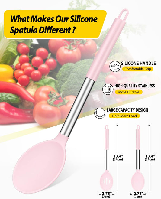 Pack of 2 Large Silicone Cooking Spoons,Non Stick Solid Basting Spoon,Heat-Resistant Kitchen Utensils for Mixing,Serving,Draining,Stirring (PINK)